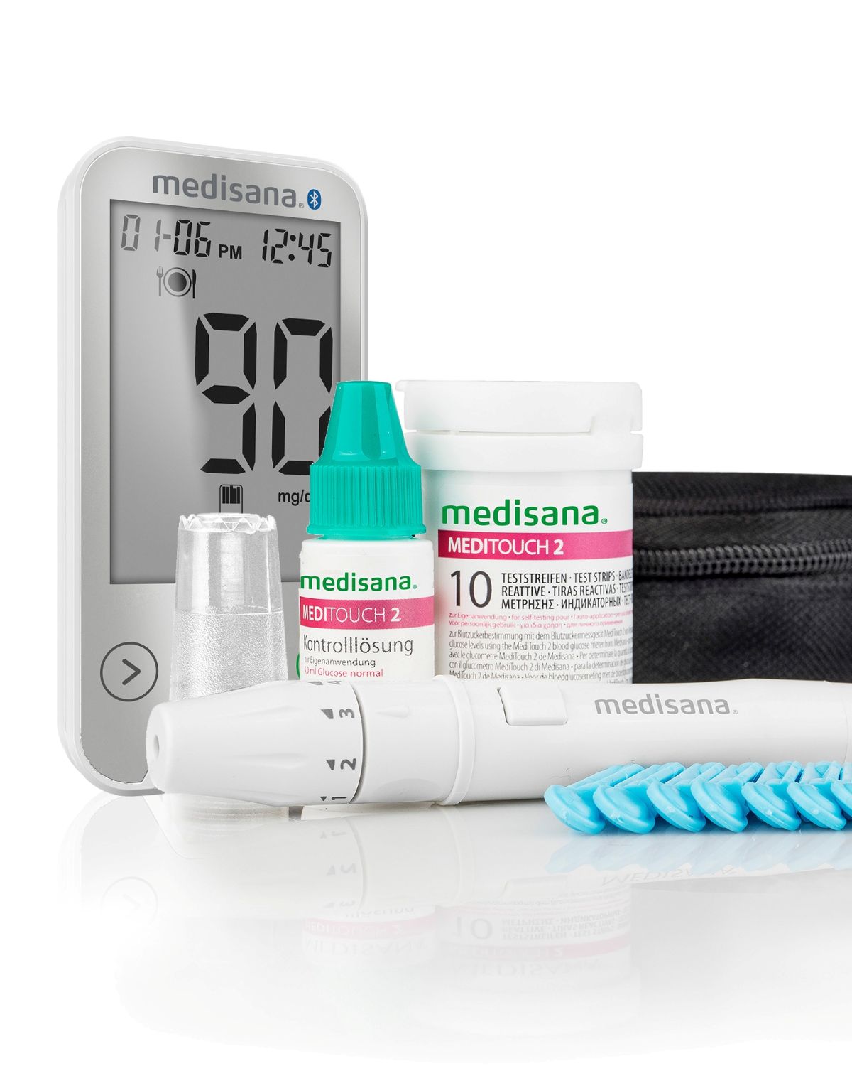 medisana blood glucose meter with test strips, lancets, and accessories as a complete set.